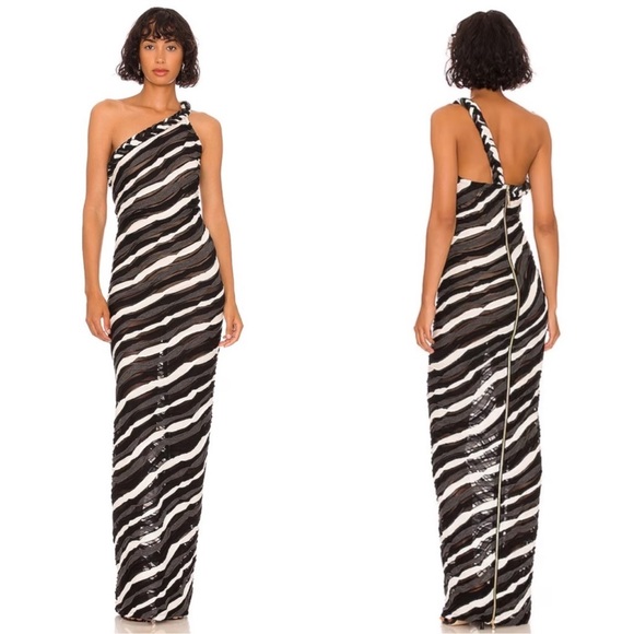 Bronx and Banco x REVOLVE Itza One Shoulder Dress S Black Striped Sheer Braided